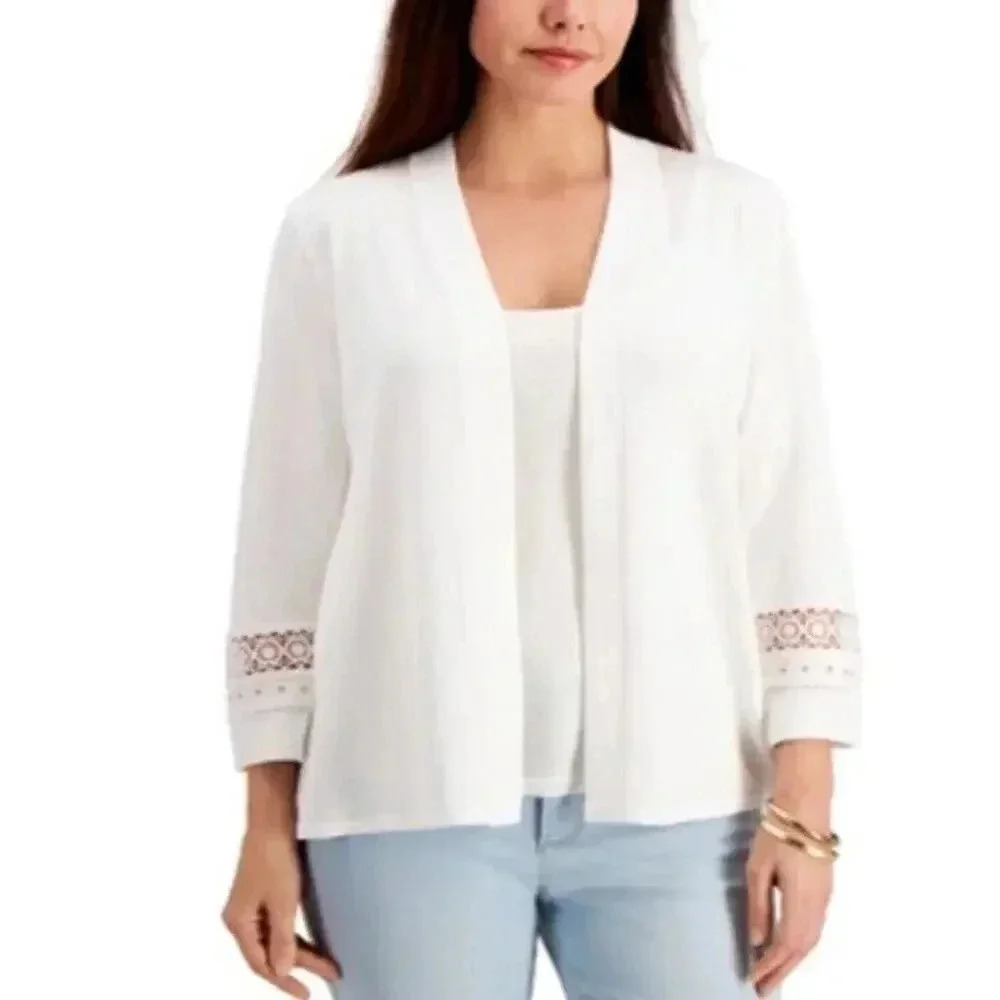 JM Collection Open Front Crochet Trim Cardigan Bright White S
